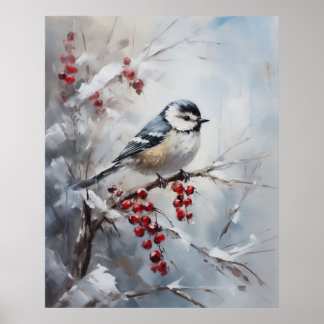 Blue Tit Bird on Snowy Berries Winter Art Poster