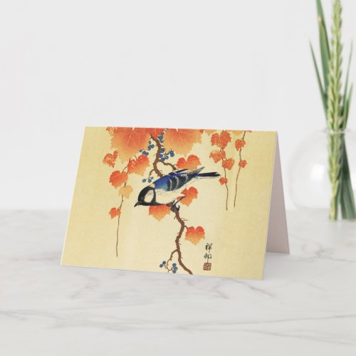 Blue Tit BirdPaulownia BranchRed Autumn Leaves  Card