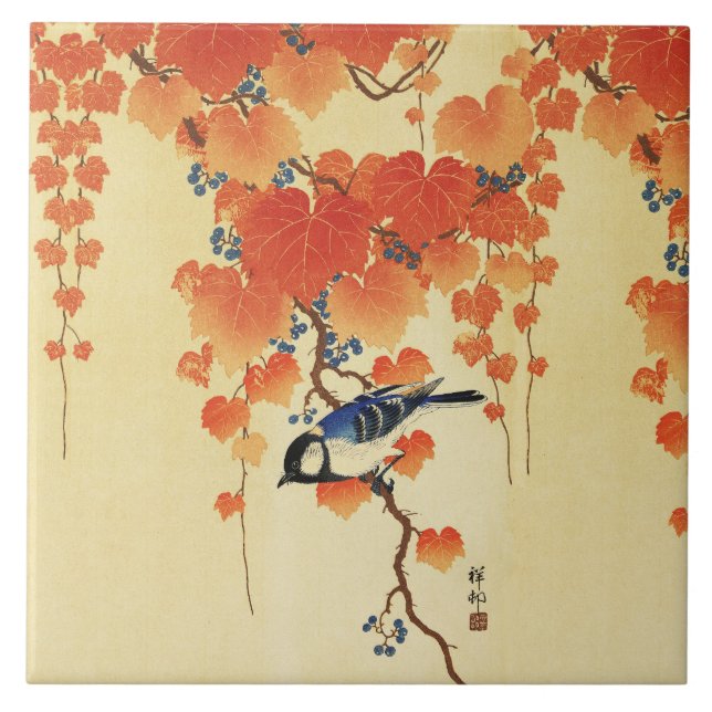 Blue Tit Bird,Paulownia Branch,Red Autumn Leaves  Ceramic Tile (Front)