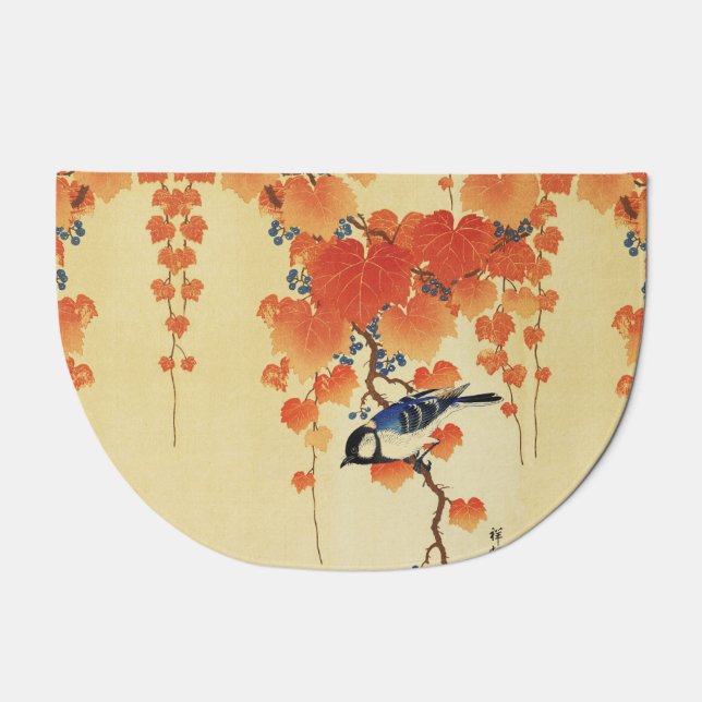 Blue Tit Bird,Paulownia Branch,Red Autumn Leaves  Doormat (Front)