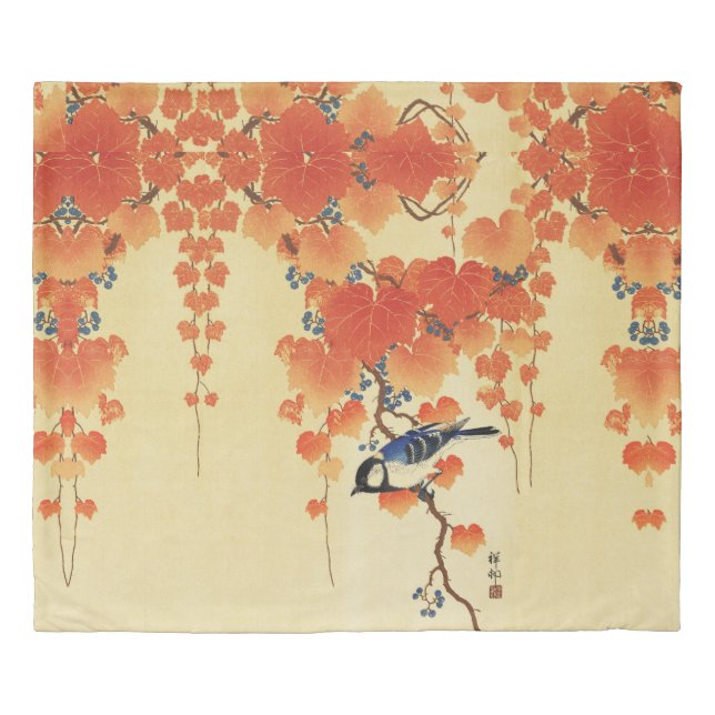 Blue Tit Bird,Paulownia Branch,Red Autumn Leaves  Duvet Cover (Front)