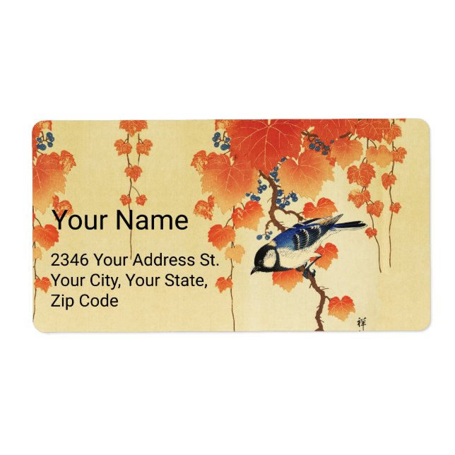Blue Tit Bird,Paulownia Branch,Red Autumn Leaves  Label (Front)