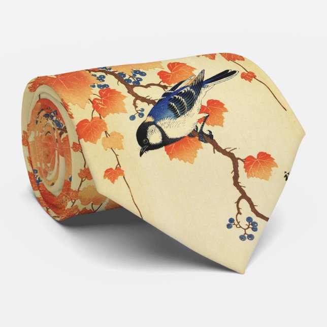Blue Tit Bird,Paulownia Branch,Red Autumn Leaves  Neck Tie (Rolled)