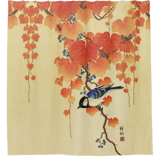 Blue Tit Bird,Paulownia Branch,Red Autumn Leaves  Shower Curtain (Front)