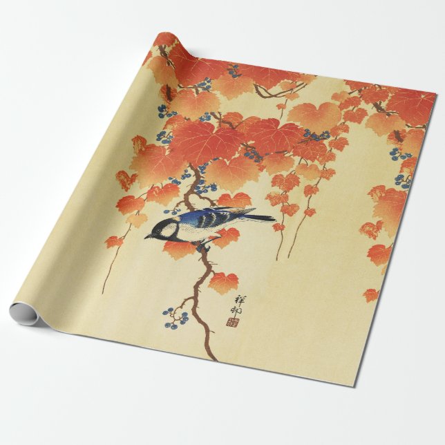 Blue Tit Bird,Paulownia Branch,Red Autumn Leaves  Wrapping Paper (Unrolled)