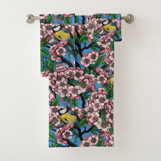 Blue tit birds in the blooming cherry tree on blue bath towel set (Insitu)