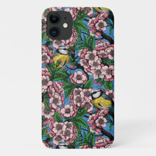 Blue tit birds in the blooming cherry tree on blue iPhone 11 case