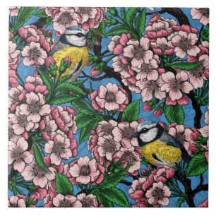 Blue tit birds in the blooming cherry tree on blue ceramic tile