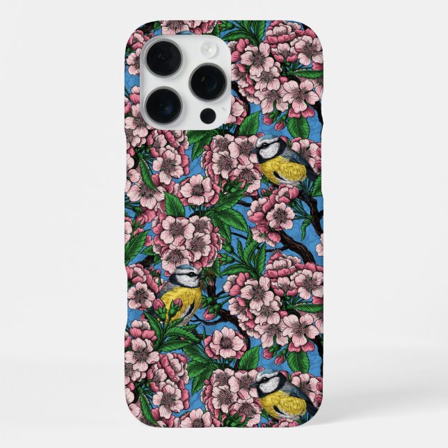 Blue tit birds in the blooming cherry tree on blue iPhone case (Back)