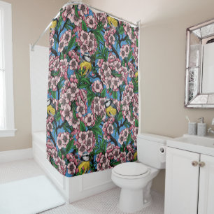 Blue tit birds in the blooming cherry tree on blue shower curtain