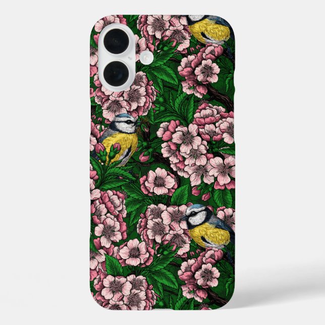 Blue tit birds in the blooming cherry tree on gree Case-Mate iPhone case (Back)
