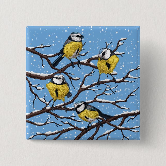 Blue tit birds in winter button (Front)