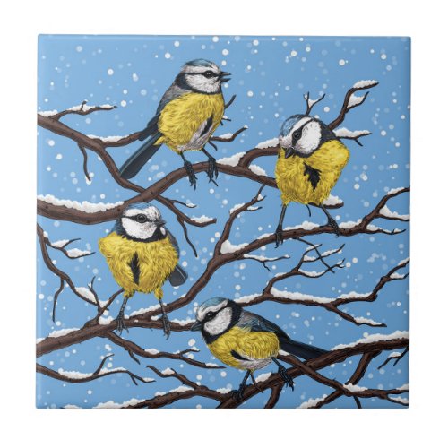 Blue tit birds in winter ceramic tile