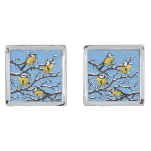Blue tit birds in winter cufflinks