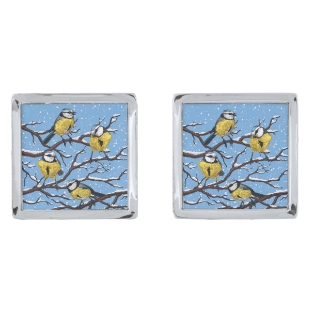 Blue tit birds in winter cufflinks (Front)