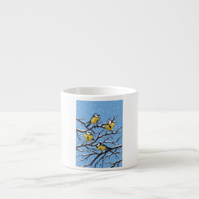 Blue tit birds in winter espresso cup (Front)