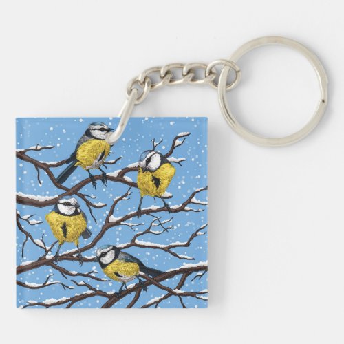 Blue tit birds in winter keychain