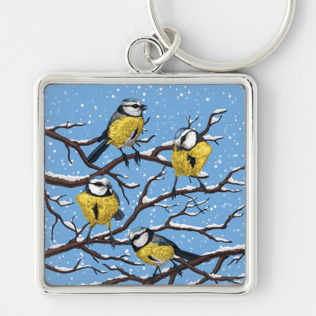 Blue tit birds in winter keychain (Front)
