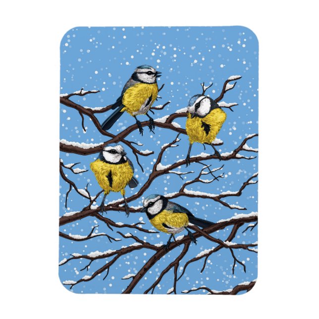 Blue tit birds in winter magnet (Vertical)