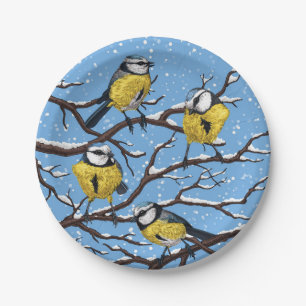 Blue tit birds in winter paper plates