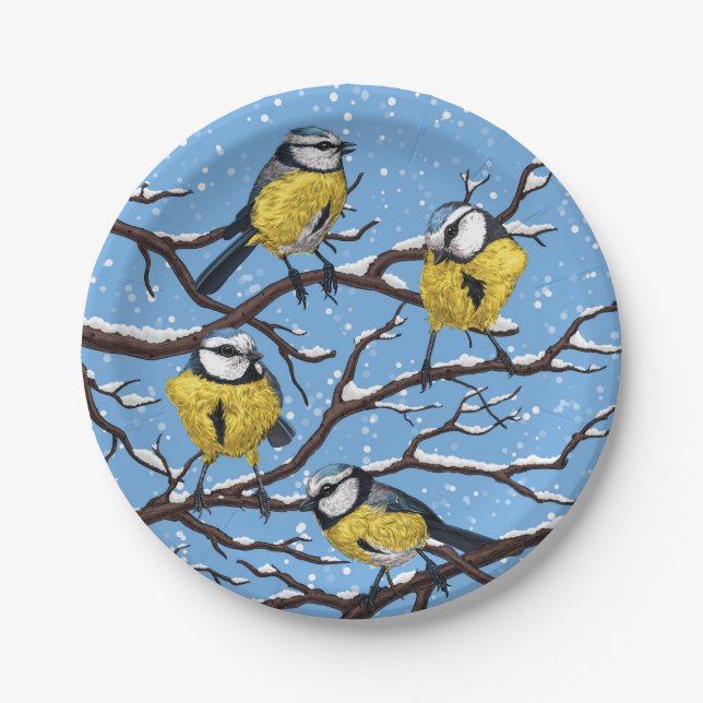 Blue tit birds in winter paper plates (Front)