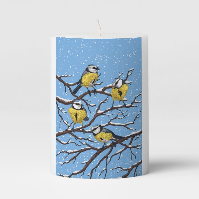Blue tit birds in winter pillar candle (Front)