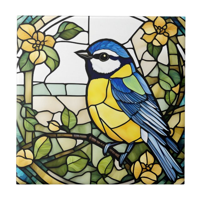 Blue Tit Faux Stained Glass Bluetit Bird Ceramic Tile (Front)