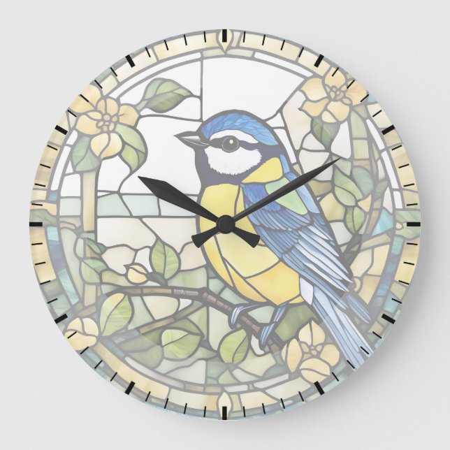 Blue Tit Faux Stained Glass Bluetit Bird Clock (Front)