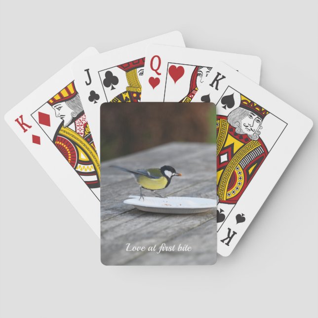 Blue Tit Feeding on Cake Plate Love at First Bite Poker Cards (Back)