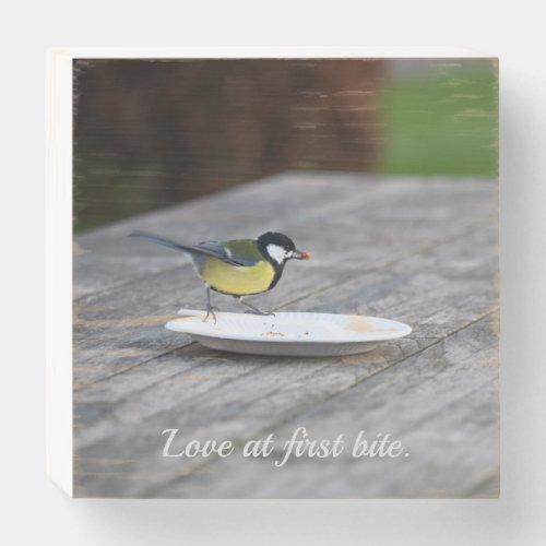 Blue Tit Feeding on Cake Plate Love at First Bite Wooden Box Sign