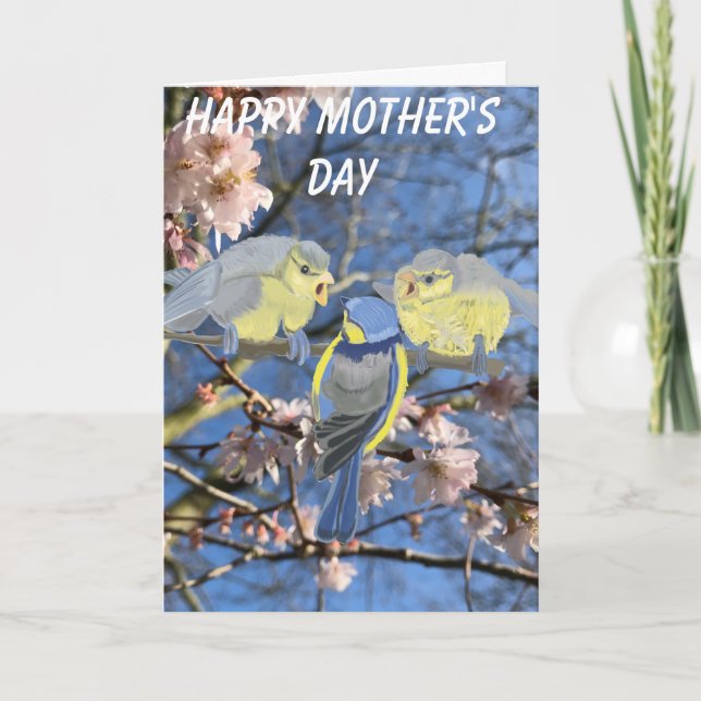 Blue-tit Mother and Babies Mother's Day Holiday Card (Front)