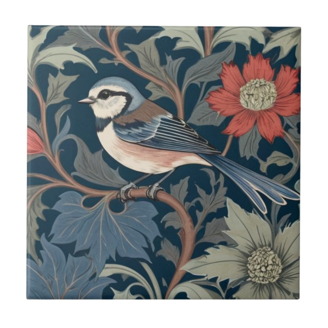 Blue Tit William Morris style Left facing Bird Ceramic Tile (Front)
