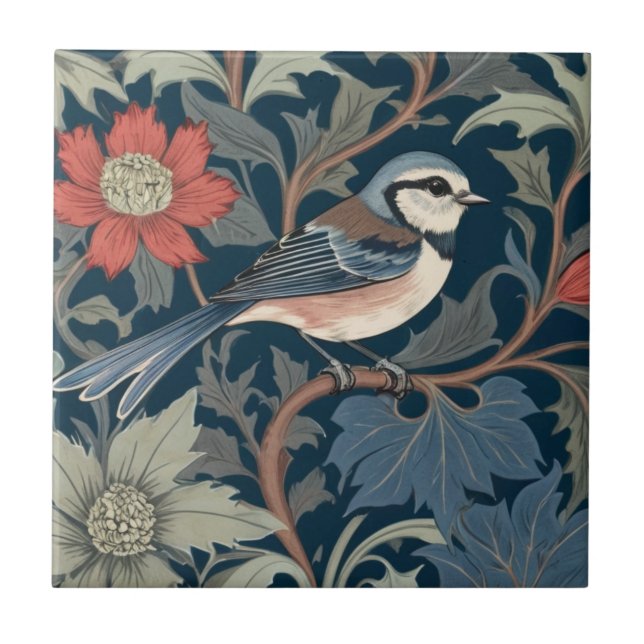Blue Tit William Morris style Right facing Bird Ceramic Tile (Front)