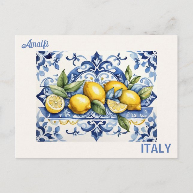 Blue titles and lemons from Amalfi Italy Postcard (Front)