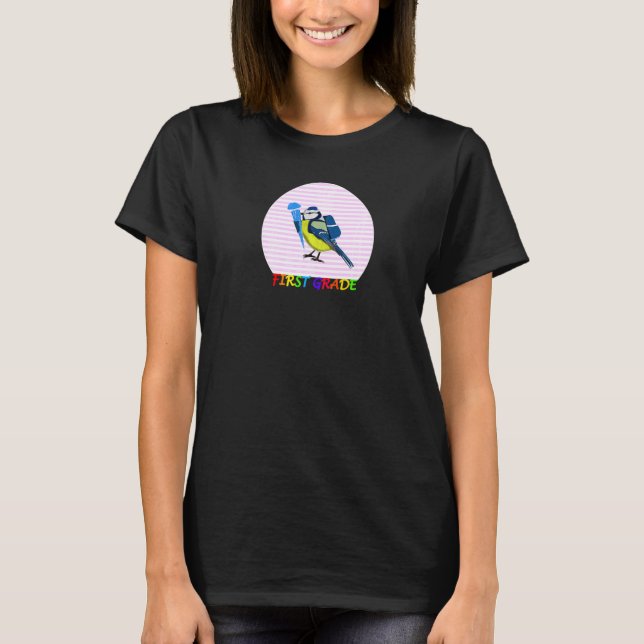 Blue Titmouse Bird First Day of School First Grade T-Shirt (Front)