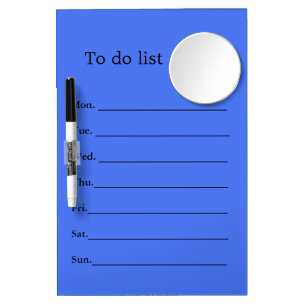 blue to-do-list dry erase board. board with mirror