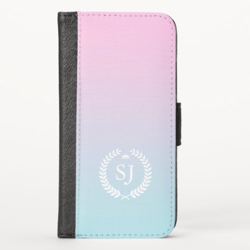 Blue to pink ombre white laurel wreath monogram iPhone x wallet case