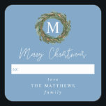 Blue To Wreath Monogram Merry Christmas Square Sticker<br><div class="desc">Give out your gifts in customization & style with your chic Wreath Monogram merry Christmas Gift Square Stickers.  Comes in multiple colors.</div>