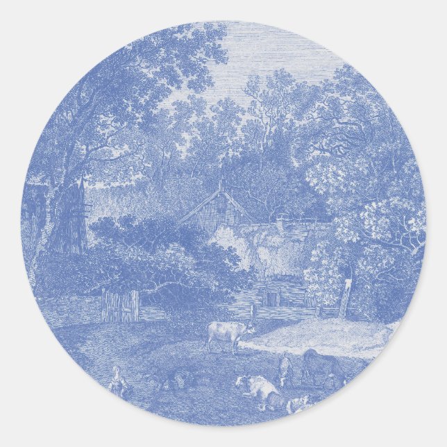 Blue Toil de Jouy French Country Shabby Elegance Classic Round Sticker (Front)