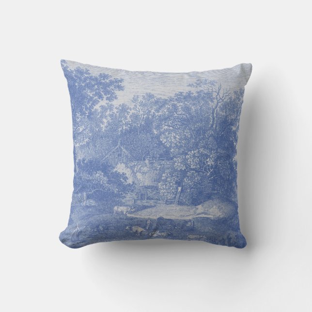 Blue Toil de Jouy French Country Shabby Elegance Throw Pillow (Front)