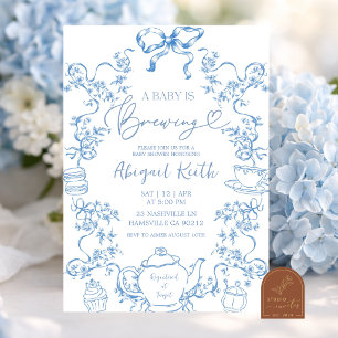 Blue Toile A Baby is Brewing Tea Party Invitation