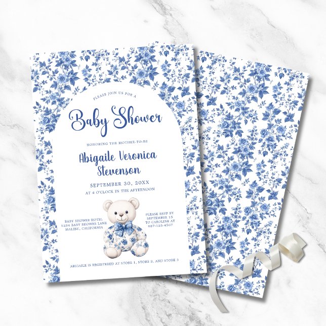 Blue Toile Baby Shower Invitation (Elegant Blue Toile Baby Shower Invitation with Teddy Bear, Couple Names, Parents to Be or Mom to Be.)
