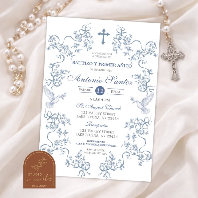 Blue Toile Baptism Boy Invitation (Creator Uploaded)