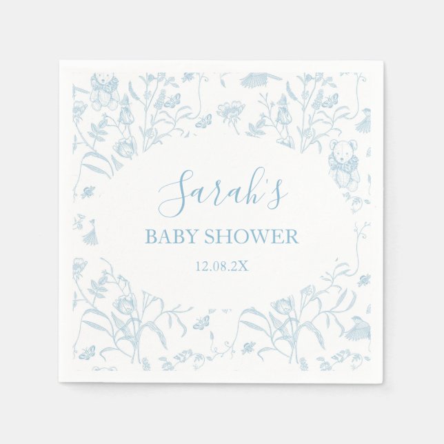 Blue Toile Bear Baby Shower Boy Napkins (Front)