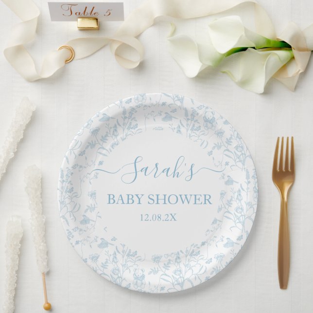 Blue Toile Bear Baby Shower Boy Paper Plates (Wedding)