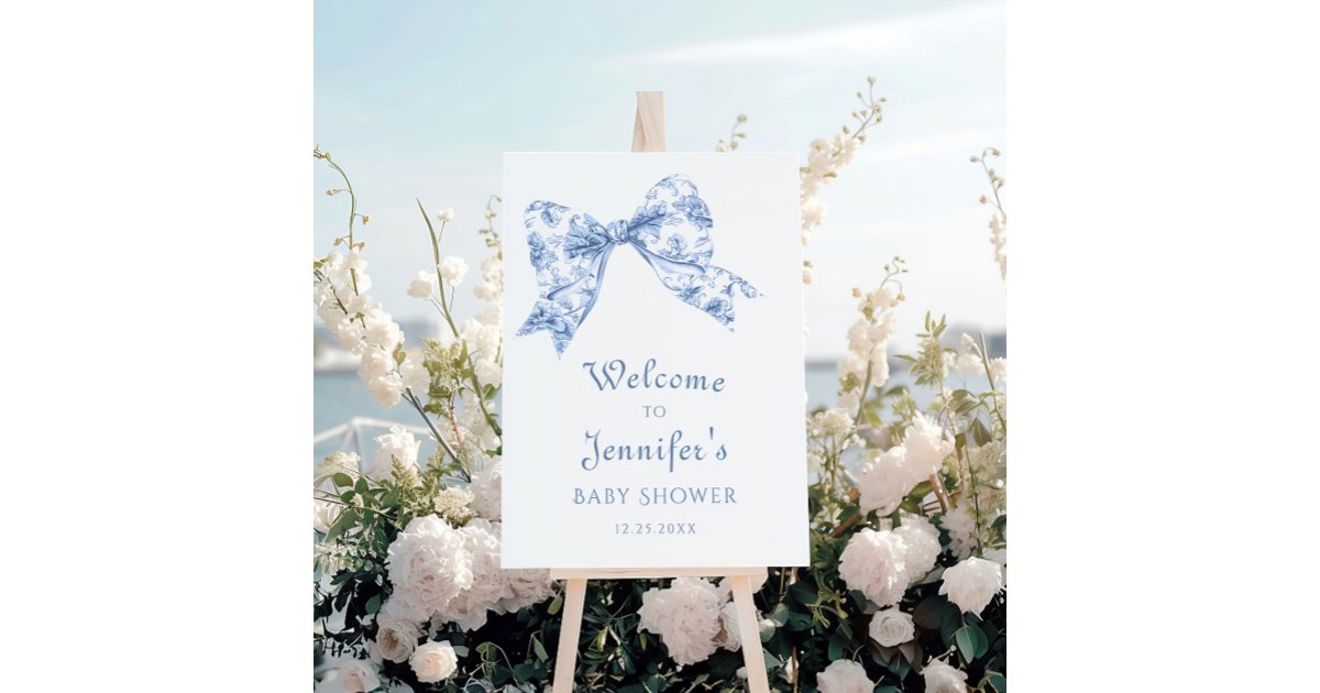 Blue Toile Bow Baby Boy Shower Welcome Sign Board | Zazzle