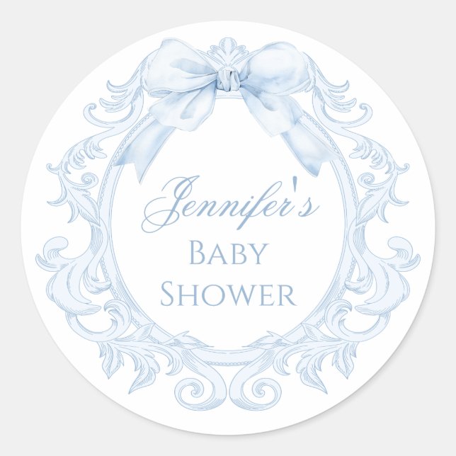 Blue Toile Bow Frame Chic Baby Boy Shower Classic Round Sticker (Front)