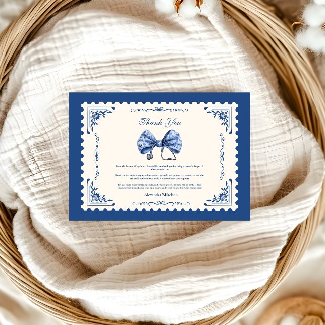 Blue Toile Bow Nursing School Graduate Thank You Card (Creator Uploaded)