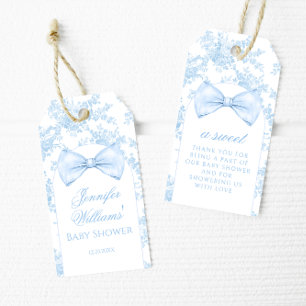 Blue Toile Bow Tie Boho Baby Boy Shower Thank You Gift Tags