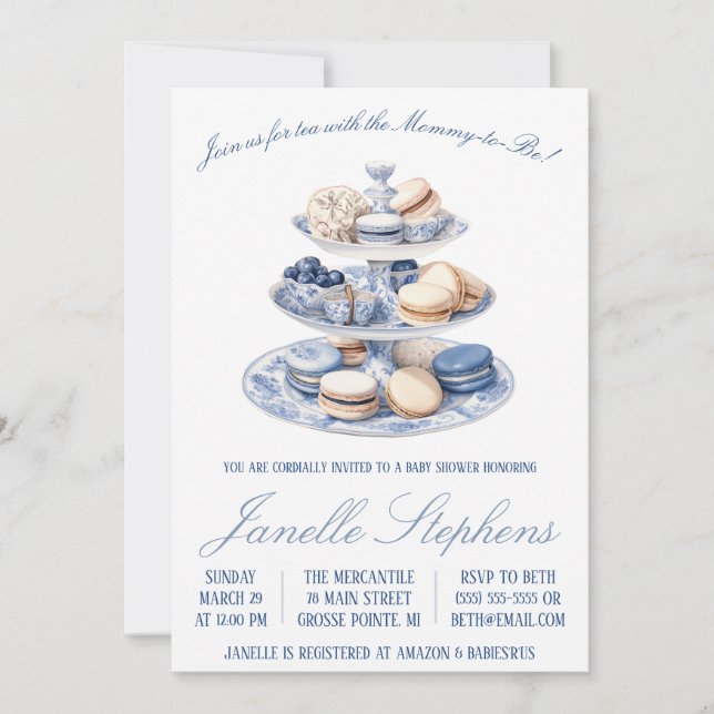Blue Toile China, Victorian Tea Party Baby Shower Invitation (Front)